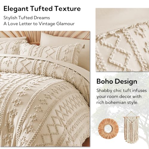 MR&HM Beige Comforter Set Queen, Tufted Boho Bedding Set, Farmhouse Bed in a Bag Set 7 Pieces with 1 Comforter, 2 Pillow Shams, 2 Pillowcases, 1 Flat Sheet, 1 Fitted Sheet for All Seasons MR&HM
