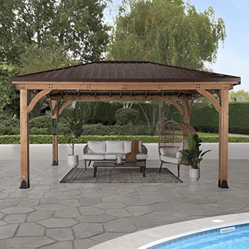 Backyard Discovery Barrington 16 ft. x 12 ft. Hip Roof Cedar Wood Gazebo Pavilion, Shade, Rain, Hard Top Steel Metal Roof, All Weather Protected, Wind Resistant up to 100 mph, Holds up to 7800 lbs Backyard Discovery