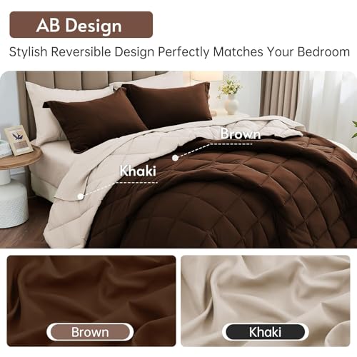MUXHOMO 7 Pieces Full Comforter Set, Reversible Bed in a Bag Full Size, All Season Bedding Set with Comforter, Flat Sheet, Fitted Sheet, Pillowcases & Shams, Brown & Khaki