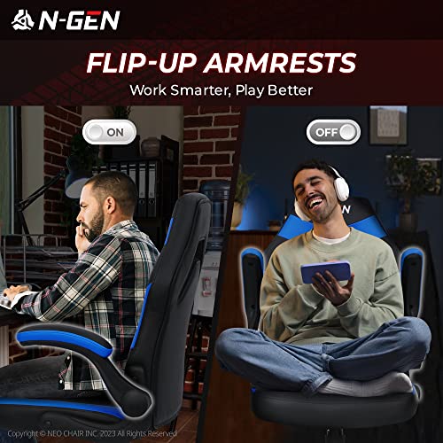 N-GEN Video Gaming Chair Ergonomic Computer Desk Office Chair with Lumbar Support Adjustable Height Swivel Wheels Flip-Up Arms PU Leather Home and Office (Blue) NEO CHAIR