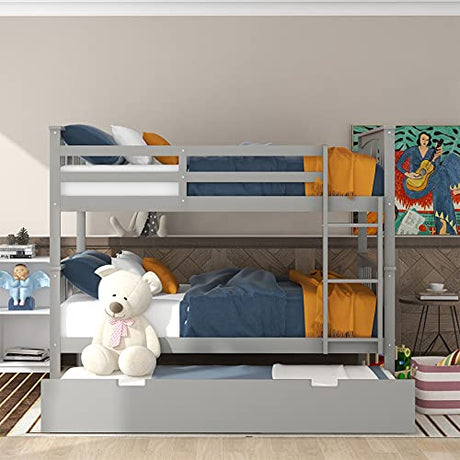 Harper & Bright Designs Full Over Full Bunk Bed with Trundle, Wooden Bunk Bed with Ladder for Bedroom, Guest Room Furniture – Gray Harper & Bright Designs