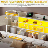 DWVO King Size Bed Frame with RGB LED Lights & Storage Bookcase Headboard, Upholstered Bed with Charging Station and 4 Drawers, No Box Spring Needed, Easy Assembly, Noise-Free, PU Leather White DWVO