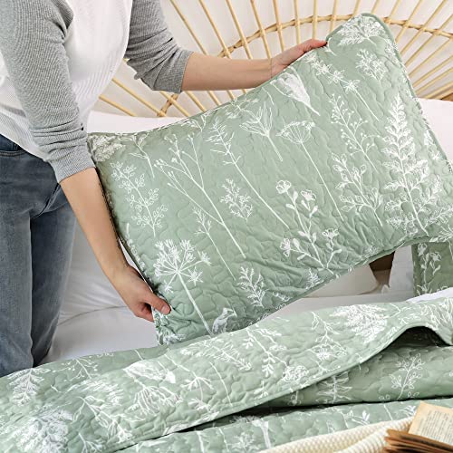 JANZAA Quilts Queen Size Sage Green Quilt Botanical with Floral Pattern Microfiber Bedspreads Queen Size 3 Pieces Lightweight Comforter Reversible Bedding Set with 2 Pillow Cases JANZAA