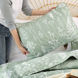JANZAA Quilts Queen Size Sage Green Quilt Botanical with Floral Pattern Microfiber Bedspreads Queen Size 3 Pieces Lightweight Comforter Reversible Bedding Set with 2 Pillow Cases JANZAA