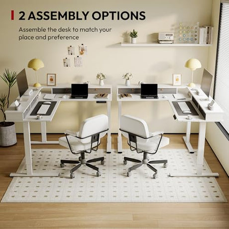 SANODESK 71" L Shaped Standing Desk with 4 Drawers, Height Adjustable Stand up Desk, Corner Gaming Desk with Monitor Stand, White Frame/White Top SANODESK