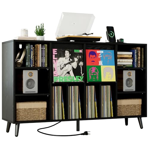 IRONCK Large Record Player Stand 55", Holds 600+ Vinyl Record Storage Cabinet with Charging Station, Mid Century Modern Turntable Stand for Living Room, Bedroom, Black IRONCK