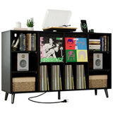 IRONCK Large Record Player Stand 55", Holds 600+ Vinyl Record Storage Cabinet with Charging Station, Mid Century Modern Turntable Stand for Living Room, Bedroom, Black IRONCK