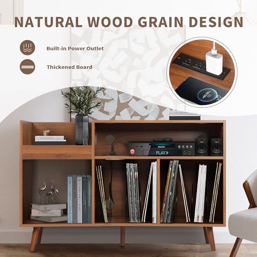 Record Player Stand with Charging Station & USB Ports, Mid-Century Turntable Stand Table Holds Up to 300 Albums, Vinyl Record Storage Cabinet with Wood Legs for Living Room Office(Walnut) Oubayajia