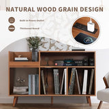 Record Player Stand with Charging Station & USB Ports, Mid-Century Turntable Stand Table Holds Up to 300 Albums, Vinyl Record Storage Cabinet with Wood Legs for Living Room Office(Walnut) Oubayajia