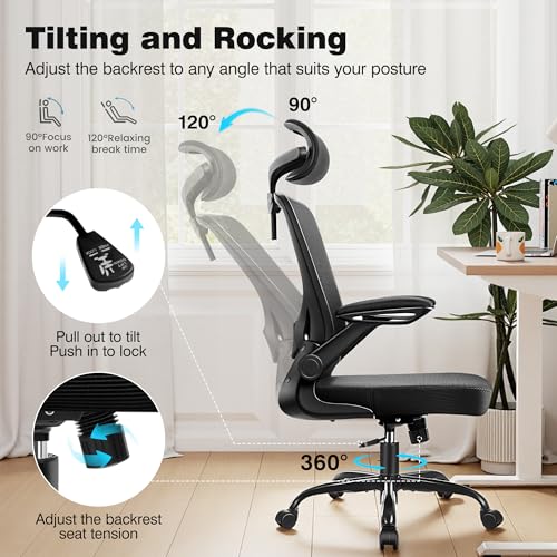 BESTFAIR Ergonomic Office Desk Chair Comfy, High Back Mesh Office Desk Chairs with Adjustable Lumbar Support, Headrest, Flip-up Armrests, Home Computer Chair for Gaming, Work, Black BESTFAIR