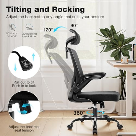 BESTFAIR Ergonomic Office Desk Chair Comfy, High Back Mesh Office Desk Chairs with Adjustable Lumbar Support, Headrest, Flip-up Armrests, Home Computer Chair for Gaming, Work, Black BESTFAIR