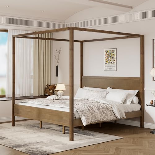 Christopher Knight Home Gana Classic Canopy Bed Frame King Size, 4 Poster King Size Bed Frame and Headboard, Wooden Slat Support, King Bed Frame No Box Spring Needed, Antique Natural