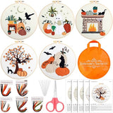 Yuxung 5 Sets Embroidery Kit for Beginners Adult Fall Thanksgiving Embroidery with Pumpkin Maple Leaf Pattern DIY Starter Needlepoint Kit with Embroidery Hoop Thread Needle for Halloween Craft Lover