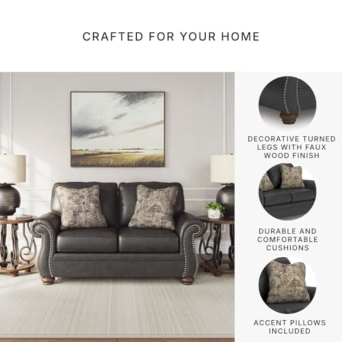 Signature Design by Ashley Chatterton Rustic Faux Leather Loveseat with Nailhead Trim and 2 Throw Pillows, Black Signature Design by Ashley