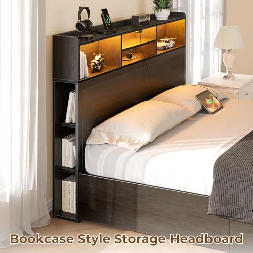 Rolanstar Twin Bed Frame with Storage Headboard & 4 Drawers, Metal Platform Bed with Charging Station, LED Single Bed with Side Shelf, No Box Spring Needed, Easy Assembly, Black Rolanstar