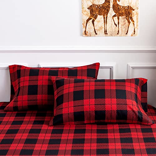 KACEMOO King Size Bed Sheets Set 4PC - Red Black Plaid Printed Sheet Soft Cooling 1800 Thread Count Brushed, 8-17'' Deep Pocket Kids Pattern Bed Sheet, Machine Washable Patterned Double Bedding Set KACEMOO
