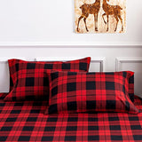 KACEMOO King Size Bed Sheets Set 4PC - Red Black Plaid Printed Sheet Soft Cooling 1800 Thread Count Brushed, 8-17'' Deep Pocket Kids Pattern Bed Sheet, Machine Washable Patterned Double Bedding Set KACEMOO