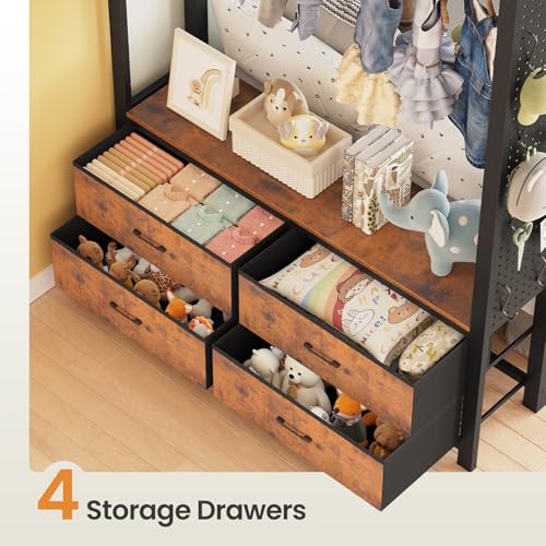 Itaar Metal Bunk Bed Twin Over Twin with Hall Tree, Power Outlet, LED Bunk Bed with 4 Storage Drawers, Bed with Safety Guardrail & Ladders, No Box Spring Needed, Easy Assembly, Rustic Brown Itaar