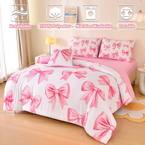 Tasselily 6 Pcs Bed in A Bag Full Comforter Set for Girls,Pink Bow Bedding,Bow Comforter Sets with Sheets for Kids Tasselily