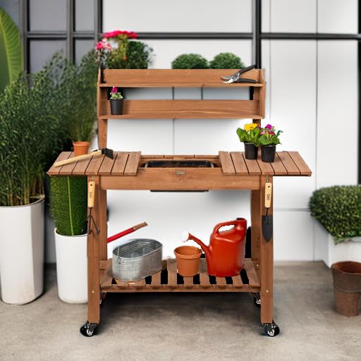 Best Choice Products Mobile Garden Potting Bench, Outdoor Wood Workstation Table w/Sliding Tabletop, 4 Locking Wheels, Food Grade Dry Sink, Storage Shelves - Brown Best Choice Products