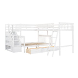 Bellemave L-Shape Triple Bunk Beds with Stairs and Storage Drawers Twin Over Full Bed Attached a Loft Wood Corner Bunked for 3 Kids Boys Girls Teens, White, White Stairs, Bellemave