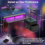 Aheaplus Gaming Desk with LED Strip & Power Outlet, 59Inch Reversible Computer Desk with Monitor Stand & Storage Shelves, Home Office Desks with Fabric File Drawer, PC Gamer Table, Carbon Fiber Black Aheaplus