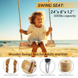 JMZOO Wooden Swing, Swing Seat 24"x 8"x 1.2",Adult Wooden Tree Swing 500lbs,Adjustable Hemp Rope & Extension Tree Straps 100 inch,Outdoor Wood Swing,Hanging Wooden Swing,Wood Swings for Adults Kids JMZOO