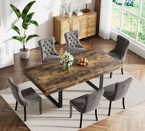 Goujxcy 7-Piece Extendable Dining Table Set for 6, 63-78 Inch Rustic Brown Kitchen Table Set with 6 Grey Tufted Chairs Farmhouse Wood Expandable Dining Room Table Set 6 for Kitchen Dining Goujxcy