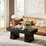 LITTLE TREE Farmhouse Coffee Table, 47 Inches Wooden Rectangular Accent Center Tables with Thick Base, Modern Low Cocktail Tea Furniture for Living Room (Black) LITTLE TREE