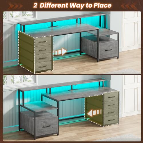 SEDETA Home Office Desk with File Drawer & Power Outlet, 66'' Computer Desk with 5 Drawer, Storage Shelves, Printer Cabinet and Monitor Shelf, Gaming Desk with Led Lights, Grey SEDETA