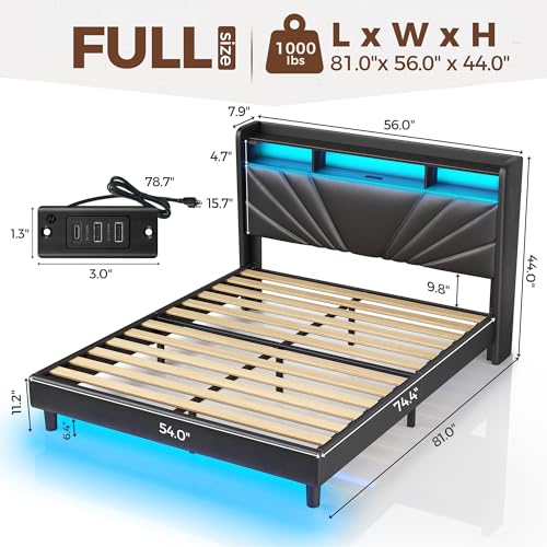Rolanstar Full Size Bed Frame, Storage Headboard with Charging Station and LED Lights, Upholstered Bed with Heavy Duty Wood Slats, No Box Spring Needed, Noise Free, Easy Assembly, Black Rolanstar