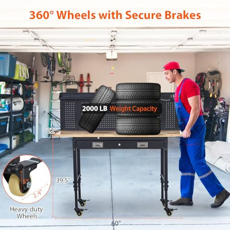ACONEE 60" Adjustable Workbench with Drawer Storage, Heavy-Duty Worktable with Pegboard & Power Outlet, Solid Steel Frame, 2000LBs Load Capacity Rubber Wood Top Workbench for Garage, Office, Workshop ACONEE