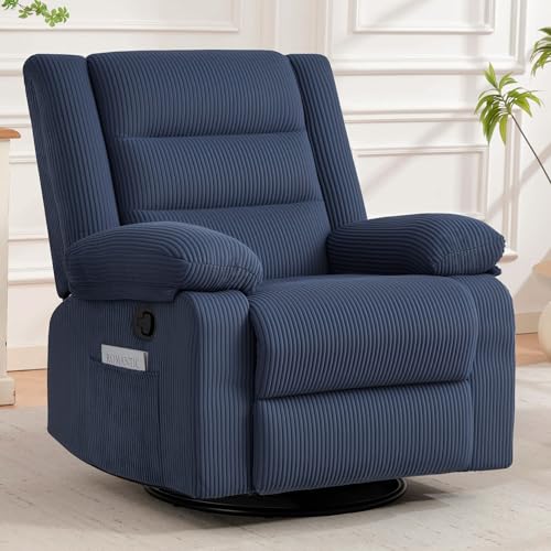 360° Swivel Rocker Recliner Chair for Adults, Nursery Manual Reclining Chair with Arms and Back, Upholstered Glider Rocking with Side Pockets for Living Room, Bedroom Nursing use, Corduroy, Blue