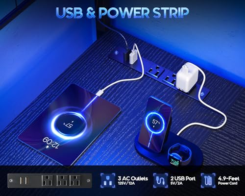MOTPK 43” L Shaped Gaming Desk for Small Rooms, Compact Corner Computer Table with Shelf & Hutch, 4 Drawers, Reversible Study Desk with LED Light, Power Outlets & USB Ports, Home Office Table, Black MOTPK