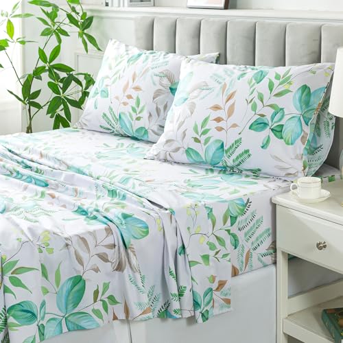 FADFAY Full Sheets 100% Cotton Teal Green Leaf Pattern Printed Bed Sheets, Botanical Sheets Leaves Pattern Modern Minimalist Bedding, Soft Crisp & Breathable Luxury Deep Pocket Fitted Sheet, 4Pc FADFAY