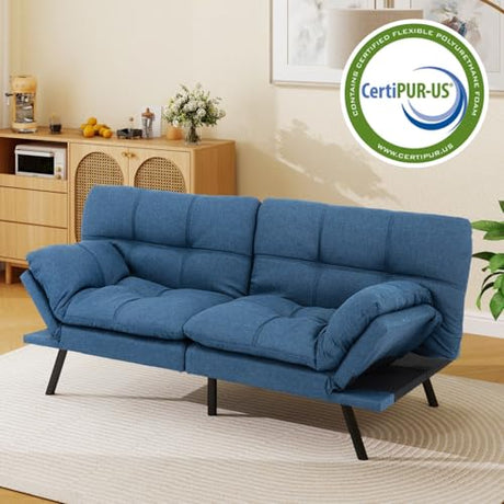 MUUEGM 71-Inch Futon Sofa Bed, Convertible Loveseat Sleeper | Modern Blue Linen Fabric | Adjustable Couch for Living Room & Small Spaces MUUEGM