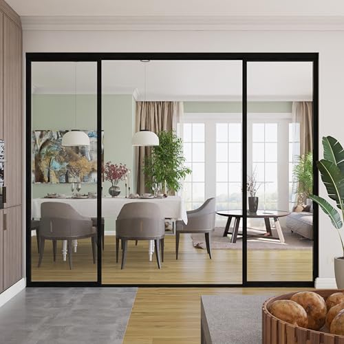 The Sliding Door Company 4 Panel Sliding Glass Interior Room Divider, Clear Tempered Glass (Black, 120" W x 96" H) The Sliding Door Company