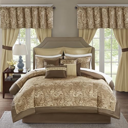 Madison Park Essentials Brystol 24 Piece Room in a Bag Faux Silk Comforter Jacquard Paisley Design Matching Curtains Down Alternative Hypoallergenic All Season Bedding-Set, Queen(90"x90"), Brown Madison Park