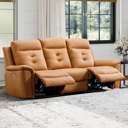 EBELLO Power Recliner Sofa Couch, Breathable Faux Leather Reclining Couches with USB Charging Port, Overstuffed Armrest and Backrest, 3-Seater Electric Recliner Sofa for Living Room, Brown