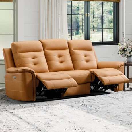 EBELLO Power Recliner Sofa Couch, Breathable Faux Leather Reclining Couches with USB Charging Port, Overstuffed Armrest and Backrest, 3-Seater Electric Recliner Sofa for Living Room, Brown EBELLO