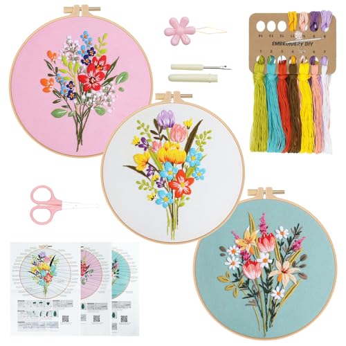 RidaaFri Embroidery Kit for Beginners, Set of 3 Flower Pattern DIY Kits for Adults & Starter, Hand Embroidery Practice Set with Guide & Video Tutorial, Includes Hoop, Needles, Floss