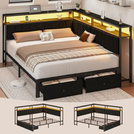 Otevehde Queen Corner Bed Frame with Storage Drawers, Modern Daybed with LED Lights and Charging Station, Metal Platform Bed Frame Queen Size with Linen Upholstered Guardrail for Dorm Bedroom, Black Otevehde