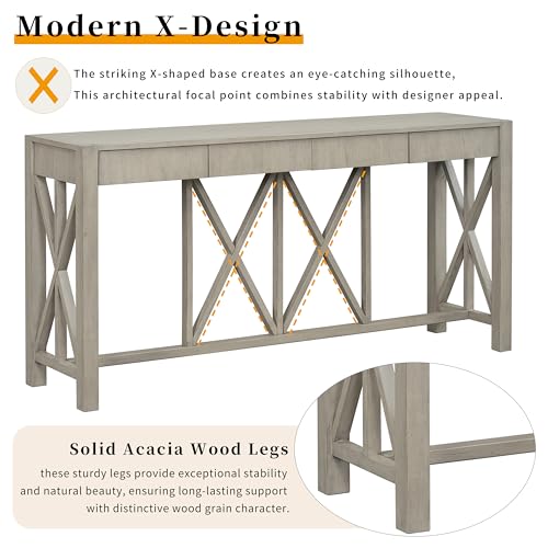 60'' Long Console Table with 4 Spacious Drawers,Modern Crisscross Design Entryway Table with Open Bottom Storage,Farmhouse Sofa Tables for Living Room,Kitchen,Dining Room,Hallway,Grey JIJIWANG