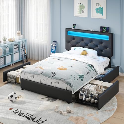 Rolanstar Twin Bed Frame with 4 Storage Drawers and Charging Station,Twin Bed with Led Lights, 2 USB & 1 Type C, Adjustable Headboard 38.9/40.8 Inches, No Box Spring Needed, Black Rolanstar
