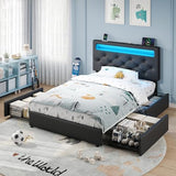 Rolanstar Twin Bed Frame with 4 Storage Drawers and Charging Station,Twin Bed with Led Lights, 2 USB & 1 Type C, Adjustable Headboard 38.9/40.8 Inches, No Box Spring Needed, Black Rolanstar