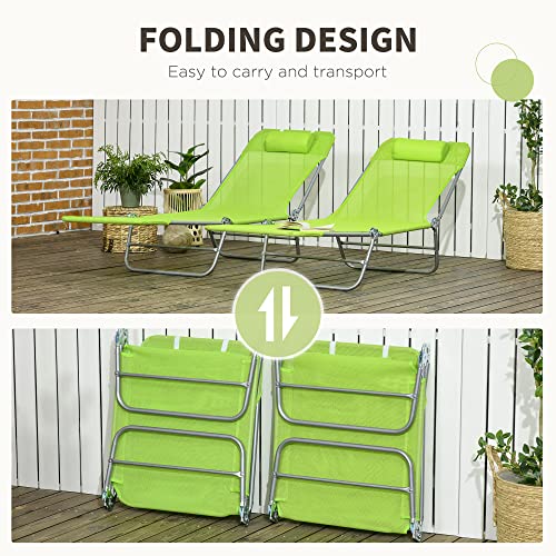 Outsunny 2 Piece Folding Chaise Lounge Chairs, Pool Sun Tanning Chairs with Reclining Back, Breathable Mesh Seat, Headrest for Beach, Yard, Patio, Green