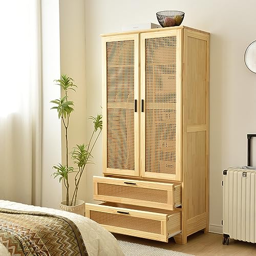 Pine Wood Closet with Rattan Doors and Two Drawers (Natural) Woodpeckers Furniture And Mattress