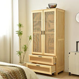 Pine Wood Closet with Rattan Doors and Two Drawers (Natural) Woodpeckers Furniture And Mattress