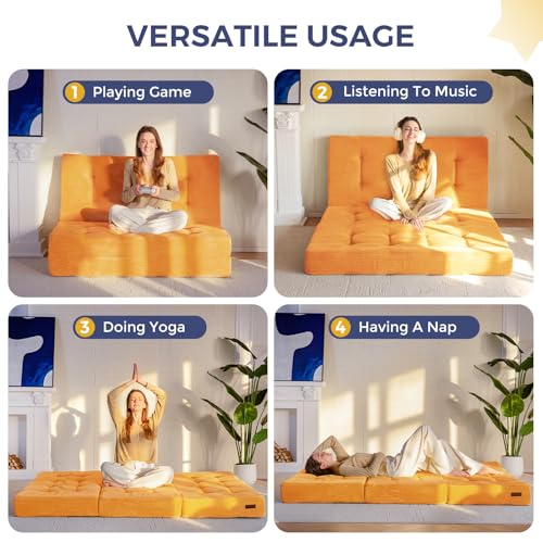 MAXYOYO Tri-Fold Mattress, 6 Inch Tufted Folding Futon Bed, Foldable Floor Couch Guest Bed Futon Portable Camping Sleeping Mat with Corded Fabric, Orange MAXYOYO