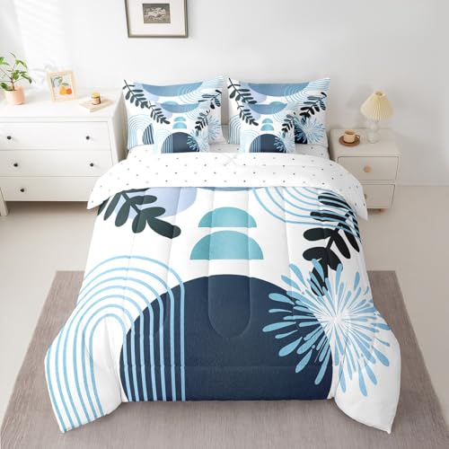 Boho Mid Century Bed in a Bag King Size Comforter Set 7 Pieces Abstract Geometric Modern Minimalist Bedding Sets,Geometric Line Art Sheet Set Circle Graphic Ombre Stripes Room Decor,Teal Blue Erosebridal